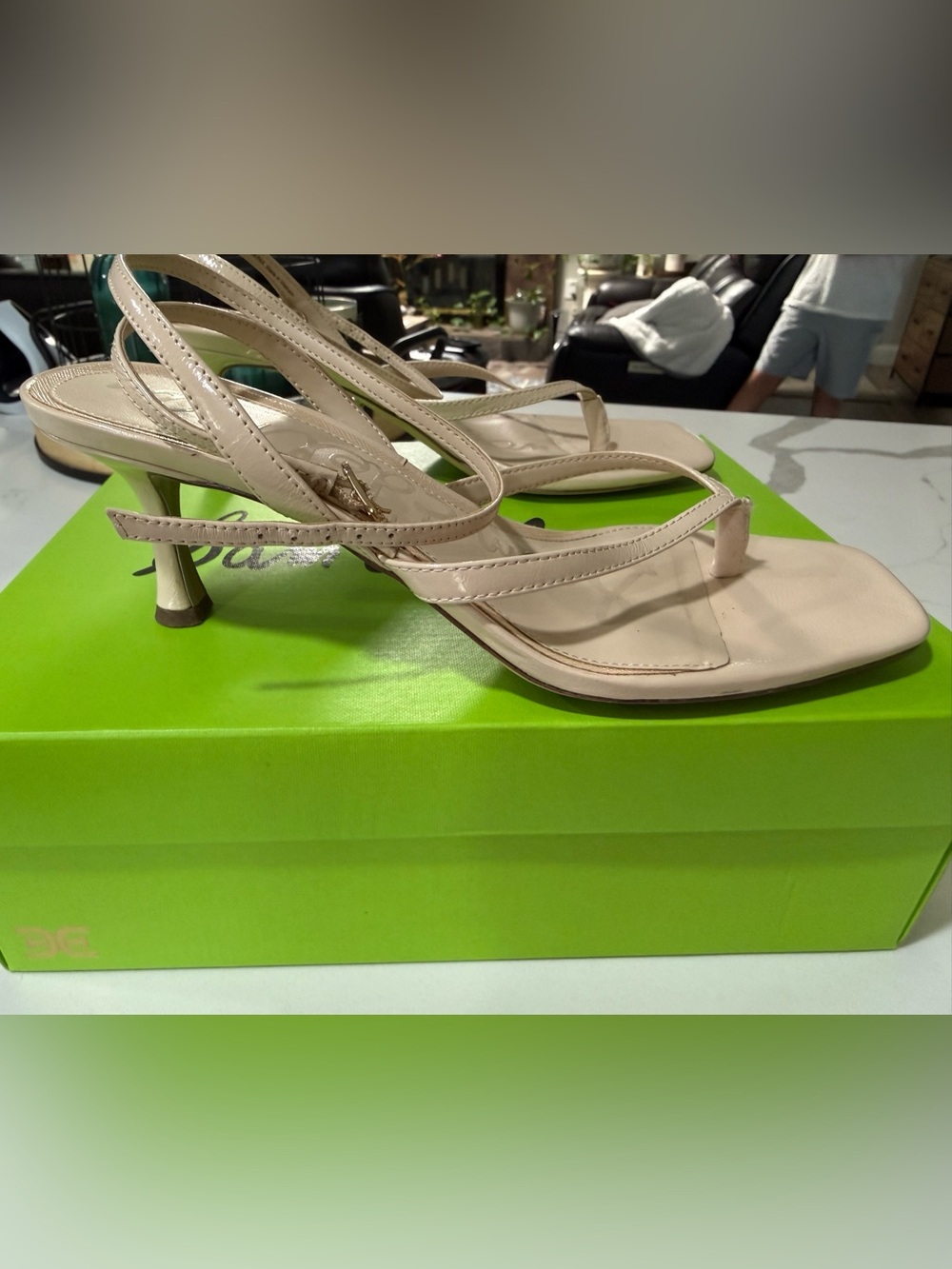 Sam Edelman Pax Kitten Heel Beige Patent Strappy Slingback Sandals - Worn Once